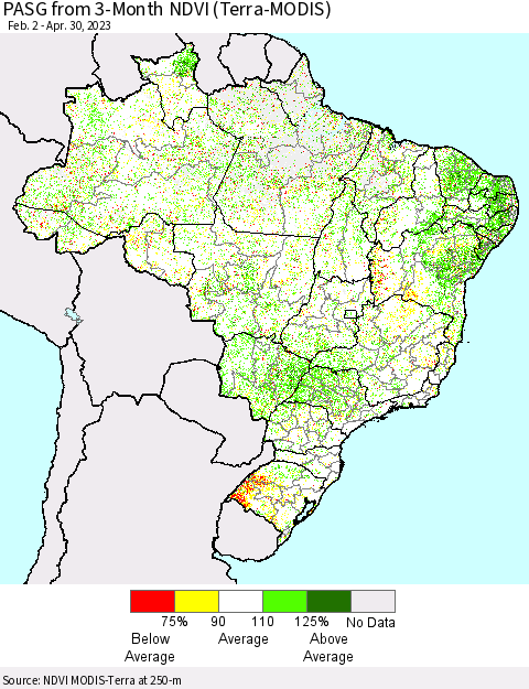 Brazil PASG from 3-Month NDVI (Terra-MODIS) Thematic Map For 4/23/2023 - 4/30/2023