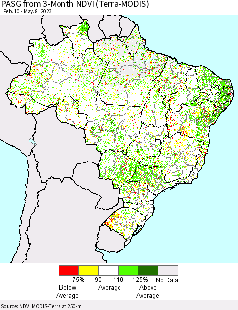Brazil PASG from 3-Month NDVI (Terra-MODIS) Thematic Map For 5/1/2023 - 5/8/2023