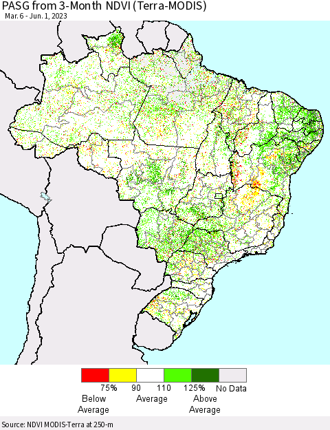 Brazil PASG from 3-Month NDVI (Terra-MODIS) Thematic Map For 5/25/2023 - 6/1/2023