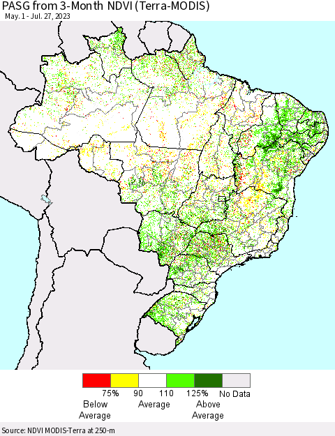 Brazil PASG from 3-Month NDVI (Terra-MODIS) Thematic Map For 7/20/2023 - 7/27/2023