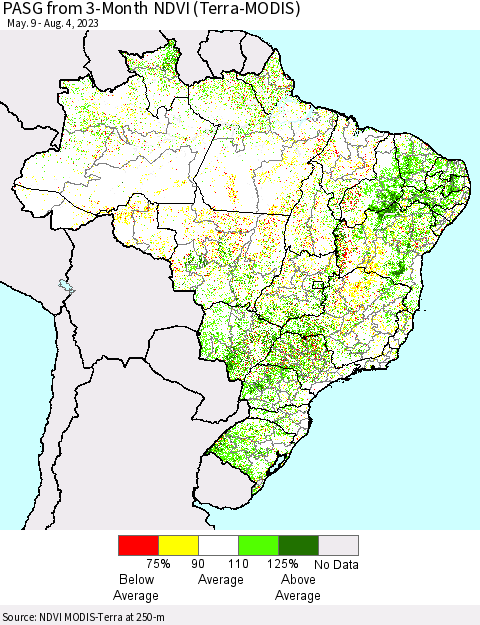 Brazil PASG from 3-Month NDVI (Terra-MODIS) Thematic Map For 7/28/2023 - 8/4/2023