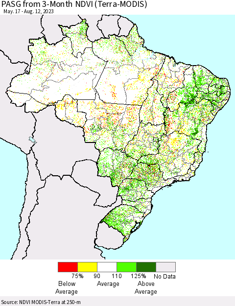 Brazil PASG from 3-Month NDVI (Terra-MODIS) Thematic Map For 8/5/2023 - 8/12/2023