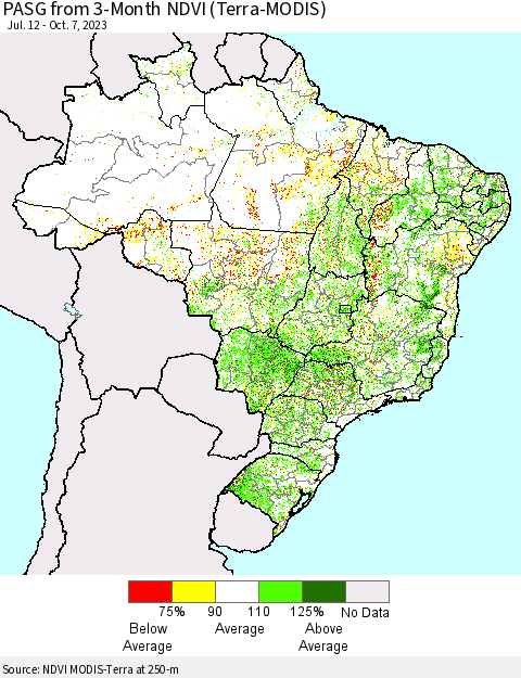 Brazil PASG from 3-Month NDVI (Terra-MODIS) Thematic Map For 9/30/2023 - 10/7/2023