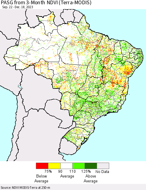 Brazil PASG from 3-Month NDVI (Terra-MODIS) Thematic Map For 12/11/2023 - 12/18/2023