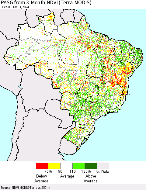 Brazil PASG from 3-Month NDVI (Terra-MODIS) Thematic Map For 12/27/2023 - 1/3/2024