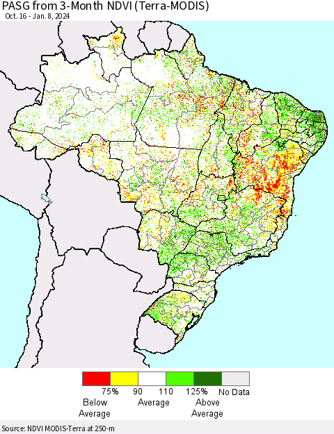Brazil PASG from 3-Month NDVI (Terra-MODIS) Thematic Map For 1/1/2024 - 1/8/2024