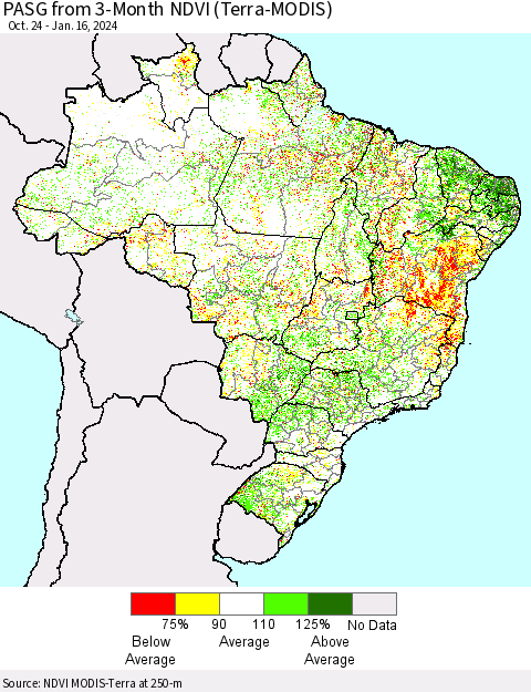 Brazil PASG from 3-Month NDVI (Terra-MODIS) Thematic Map For 1/9/2024 - 1/16/2024