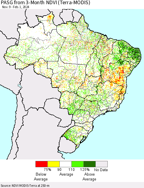 Brazil PASG from 3-Month NDVI (Terra-MODIS) Thematic Map For 1/25/2024 - 2/1/2024