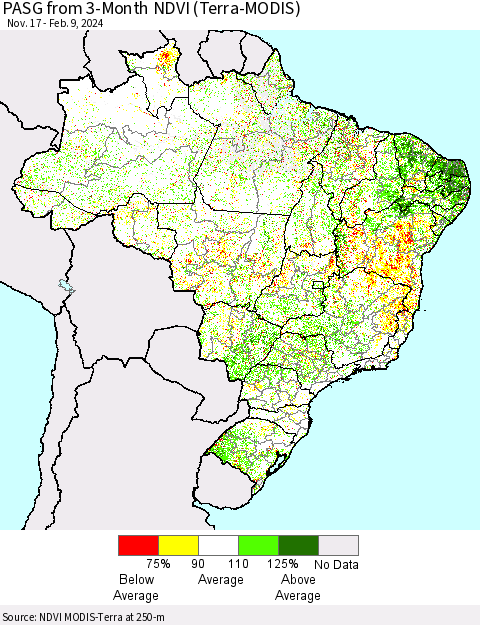Brazil PASG from 3-Month NDVI (Terra-MODIS) Thematic Map For 2/2/2024 - 2/9/2024
