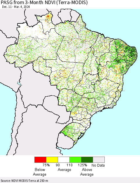 Brazil PASG from 3-Month NDVI (Terra-MODIS) Thematic Map For 2/26/2024 - 3/4/2024
