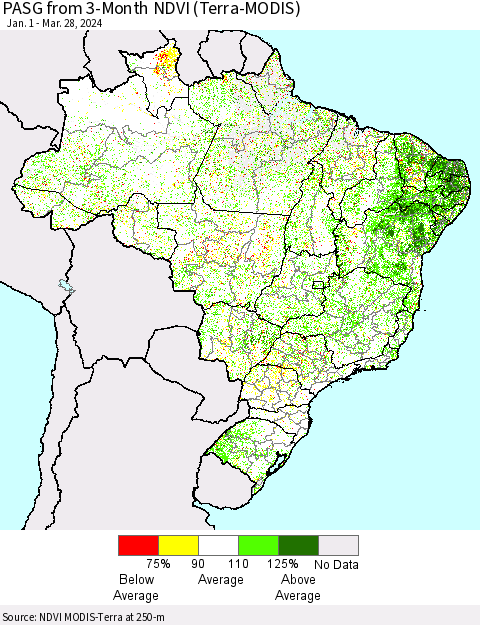 Brazil PASG from 3-Month NDVI (Terra-MODIS) Thematic Map For 3/21/2024 - 3/28/2024