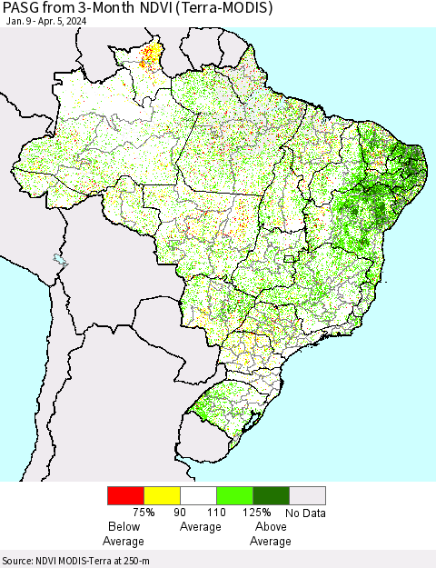 Brazil PASG from 3-Month NDVI (Terra-MODIS) Thematic Map For 3/29/2024 - 4/5/2024
