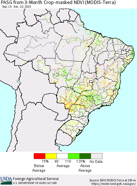 Brazil PASG from 3-Month Cropland NDVI (Terra-MODIS) Thematic Map For 12/1/2019 - 12/10/2019