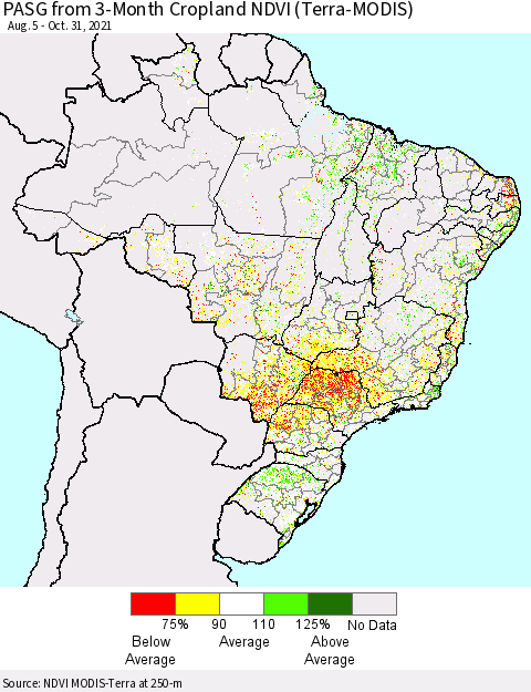 Brazil PASG from 3-Month Cropland NDVI (Terra-MODIS) Thematic Map For 10/24/2021 - 10/31/2021