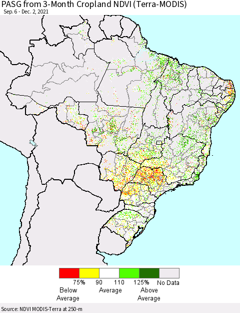 Brazil PASG from 3-Month Cropland NDVI (Terra-MODIS) Thematic Map For 11/25/2021 - 12/2/2021