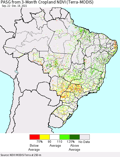 Brazil PASG from 3-Month Cropland NDVI (Terra-MODIS) Thematic Map For 12/11/2021 - 12/18/2021