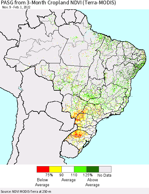 Brazil PASG from 3-Month Cropland NDVI (Terra-MODIS) Thematic Map For 1/25/2022 - 2/1/2022