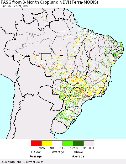 Brazil PASG from 3-Month Cropland NDVI (Terra-MODIS) Thematic Map For 9/14/2022 - 9/21/2022