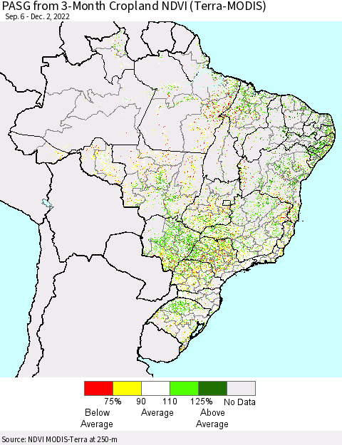 Brazil PASG from 3-Month Cropland NDVI (Terra-MODIS) Thematic Map For 11/25/2022 - 12/2/2022