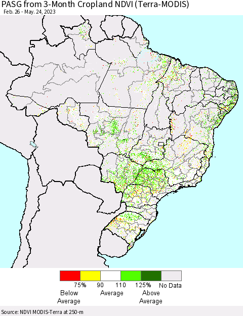 Brazil PASG from 3-Month Cropland NDVI (Terra-MODIS) Thematic Map For 5/17/2023 - 5/24/2023