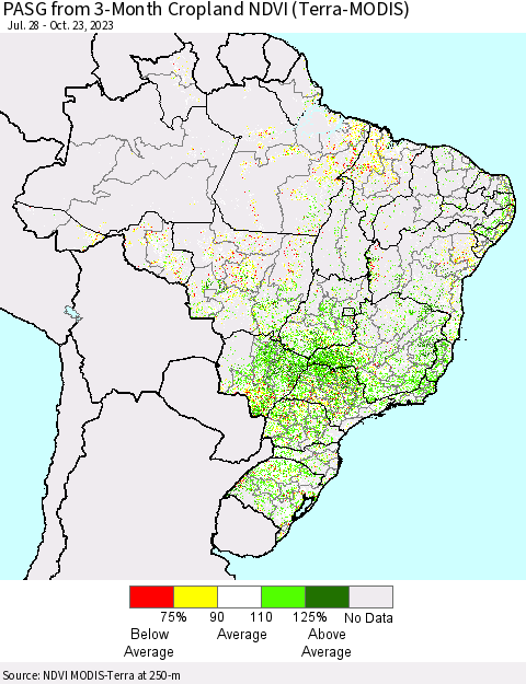 Brazil PASG from 3-Month Cropland NDVI (Terra-MODIS) Thematic Map For 10/16/2023 - 10/23/2023
