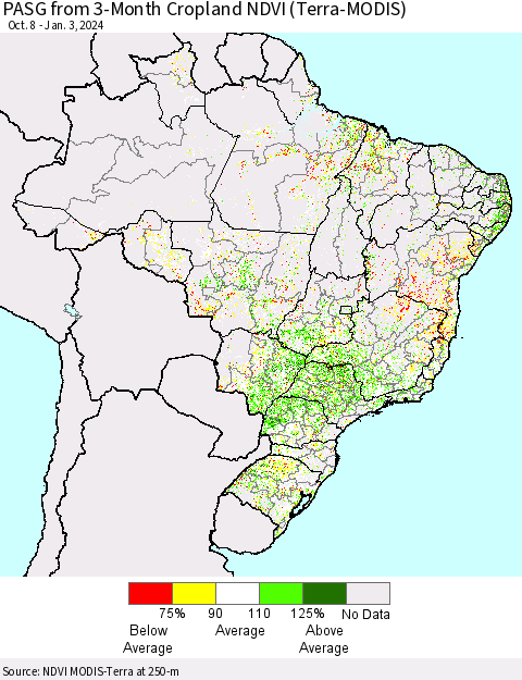 Brazil PASG from 3-Month Cropland NDVI (Terra-MODIS) Thematic Map For 12/27/2023 - 1/3/2024