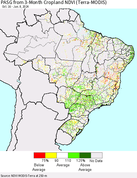 Brazil PASG from 3-Month Cropland NDVI (Terra-MODIS) Thematic Map For 1/1/2024 - 1/8/2024