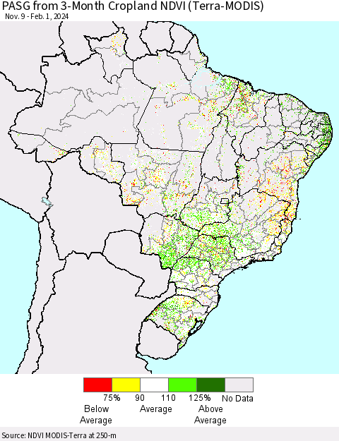 Brazil PASG from 3-Month Cropland NDVI (Terra-MODIS) Thematic Map For 1/25/2024 - 2/1/2024