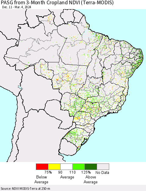 Brazil PASG from 3-Month Cropland NDVI (Terra-MODIS) Thematic Map For 2/26/2024 - 3/4/2024