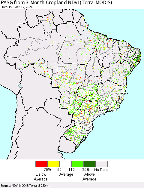 Brazil PASG from 3-Month Cropland NDVI (Terra-MODIS) Thematic Map For 3/5/2024 - 3/12/2024