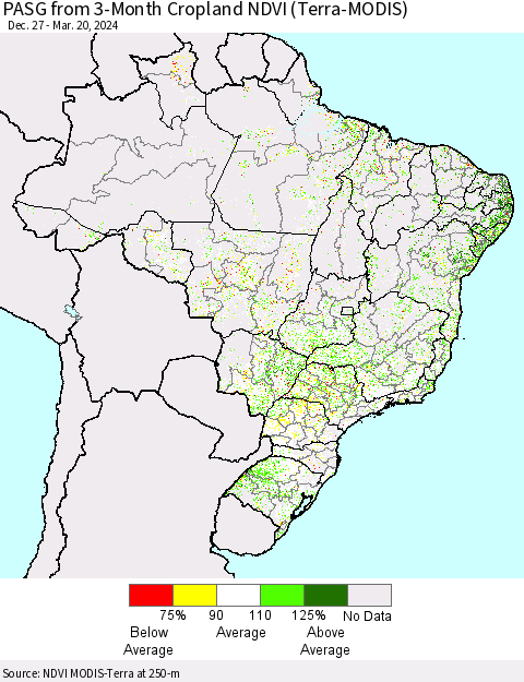 Brazil PASG from 3-Month Cropland NDVI (Terra-MODIS) Thematic Map For 3/13/2024 - 3/20/2024