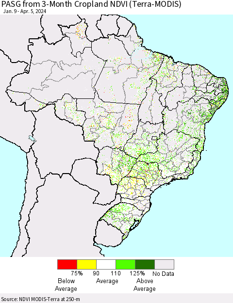 Brazil PASG from 3-Month Cropland NDVI (Terra-MODIS) Thematic Map For 3/29/2024 - 4/5/2024
