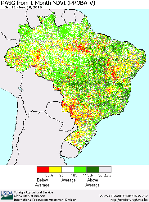 Brazil PASG from 1-Month NDVI (PROBA-V) Thematic Map For 11/1/2019 - 11/10/2019