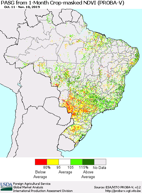Brazil PASG from 1-Month Crop-masked NDVI (PROBA-V) Thematic Map For 11/1/2019 - 11/10/2019