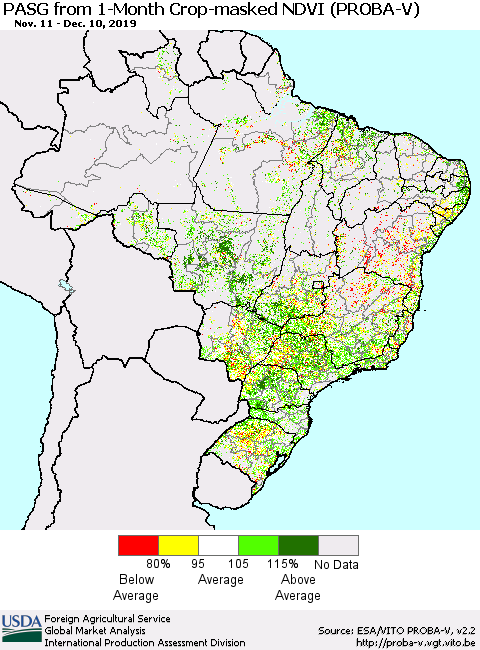 Brazil PASG from 1-Month Crop-masked NDVI (PROBA-V) Thematic Map For 12/1/2019 - 12/10/2019