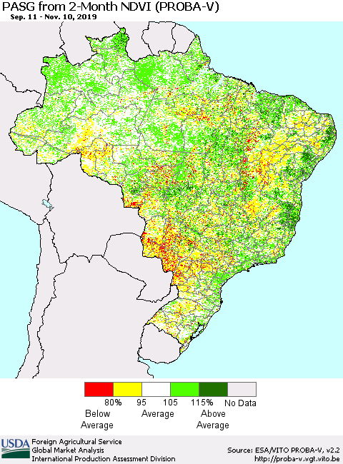 Brazil PASG from 2-Month NDVI (PROBA-V) Thematic Map For 11/1/2019 - 11/10/2019