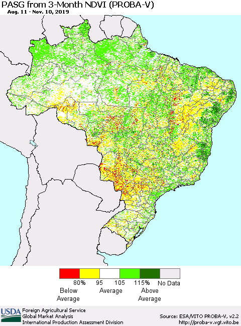Brazil PASG from 3-Month NDVI (PROBA-V) Thematic Map For 11/1/2019 - 11/10/2019