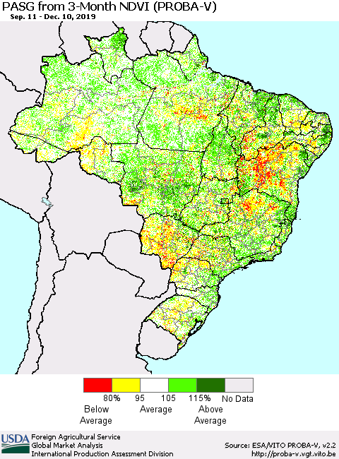 Brazil PASG from 3-Month NDVI (PROBA-V) Thematic Map For 12/1/2019 - 12/10/2019