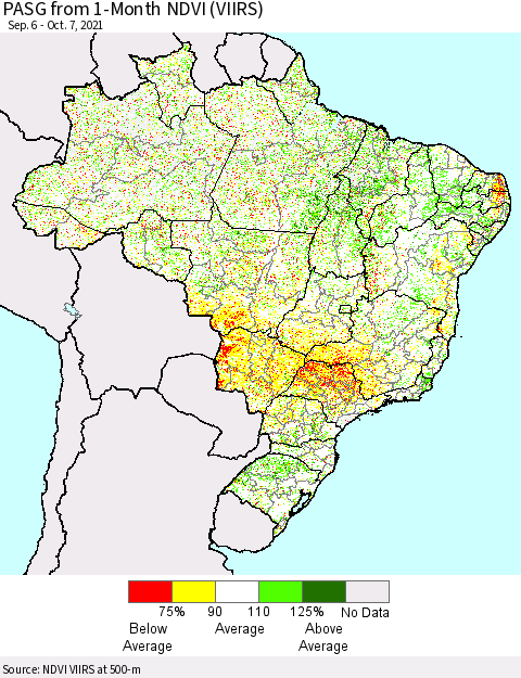 Brazil PASG from 1-Month NDVI (VIIRS) Thematic Map For 9/30/2021 - 10/7/2021