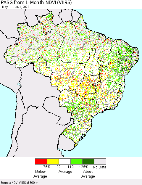 Brazil PASG from 1-Month NDVI (VIIRS) Thematic Map For 5/25/2022 - 6/1/2022