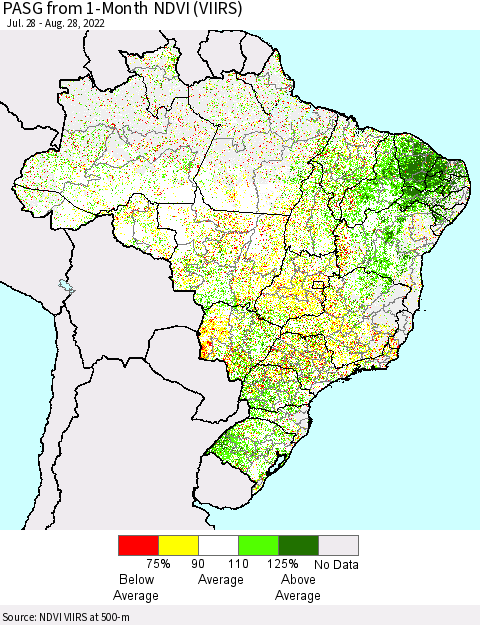Brazil PASG from 1-Month NDVI (VIIRS) Thematic Map For 8/21/2022 - 8/28/2022