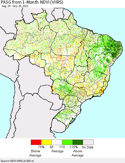 Brazil PASG from 1-Month NDVI (VIIRS) Thematic Map For 9/22/2022 - 9/29/2022