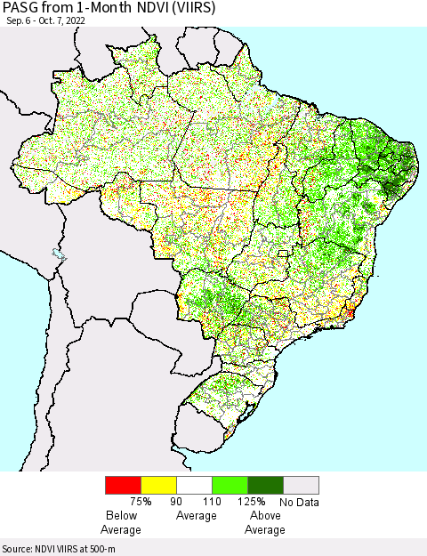 Brazil PASG from 1-Month NDVI (VIIRS) Thematic Map For 9/30/2022 - 10/7/2022