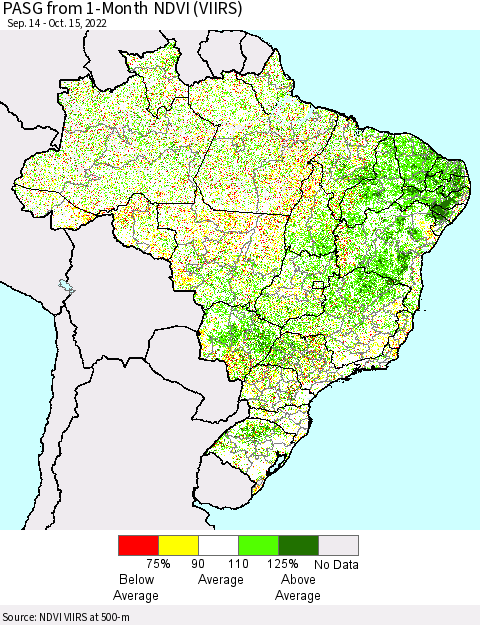 Brazil PASG from 1-Month NDVI (VIIRS) Thematic Map For 10/8/2022 - 10/15/2022