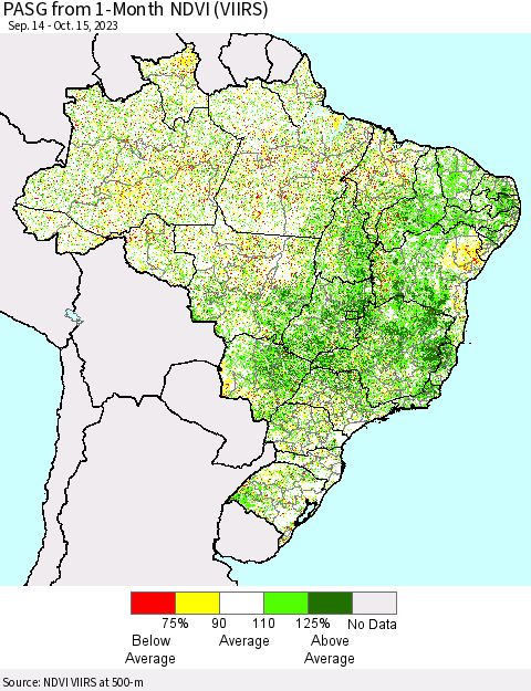 Brazil PASG from 1-Month NDVI (VIIRS) Thematic Map For 10/8/2023 - 10/15/2023