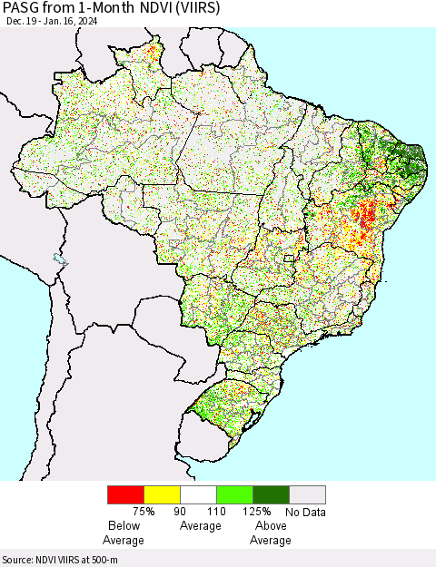 Brazil PASG from 1-Month NDVI (VIIRS) Thematic Map For 1/9/2024 - 1/16/2024