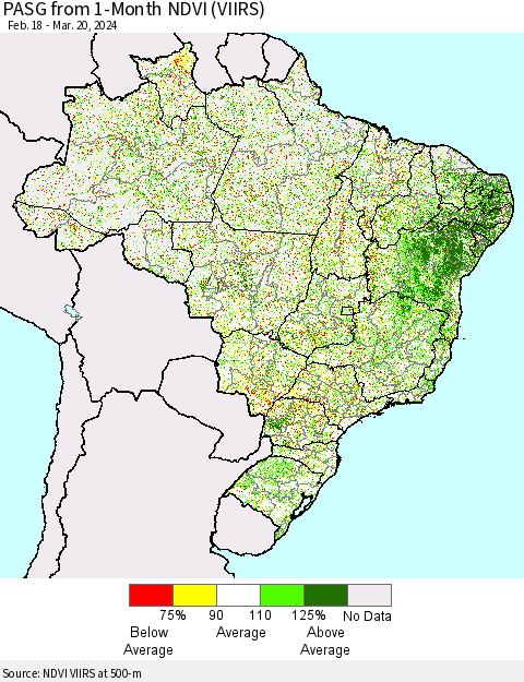 Brazil PASG from 1-Month NDVI (VIIRS) Thematic Map For 3/13/2024 - 3/20/2024