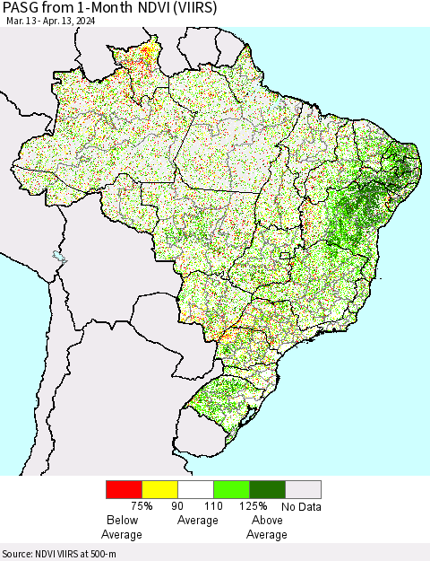 Brazil PASG from 1-Month NDVI (VIIRS) Thematic Map For 4/6/2024 - 4/13/2024
