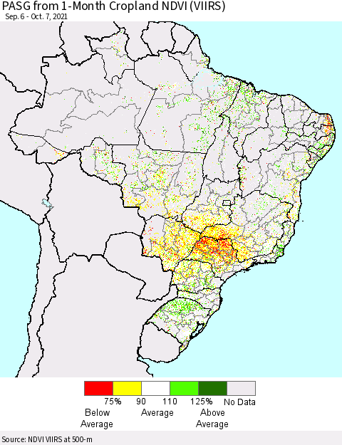 Brazil PASG from 1-Month Cropland NDVI (VIIRS) Thematic Map For 9/30/2021 - 10/7/2021