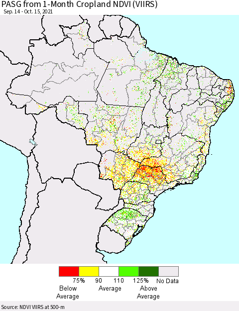 Brazil PASG from 1-Month Cropland NDVI (VIIRS) Thematic Map For 10/8/2021 - 10/15/2021